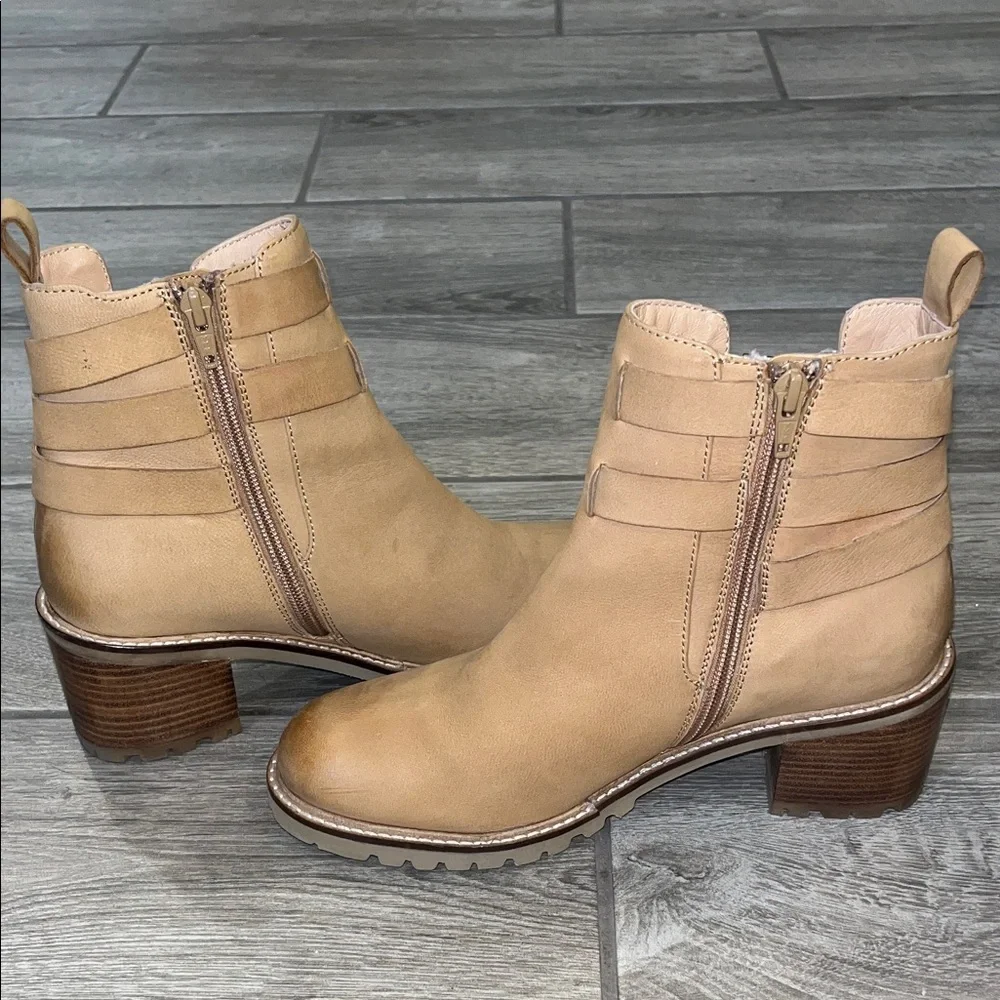 Seychelles Tan Ankle Boots with Triple Buckle Straps and zip closure